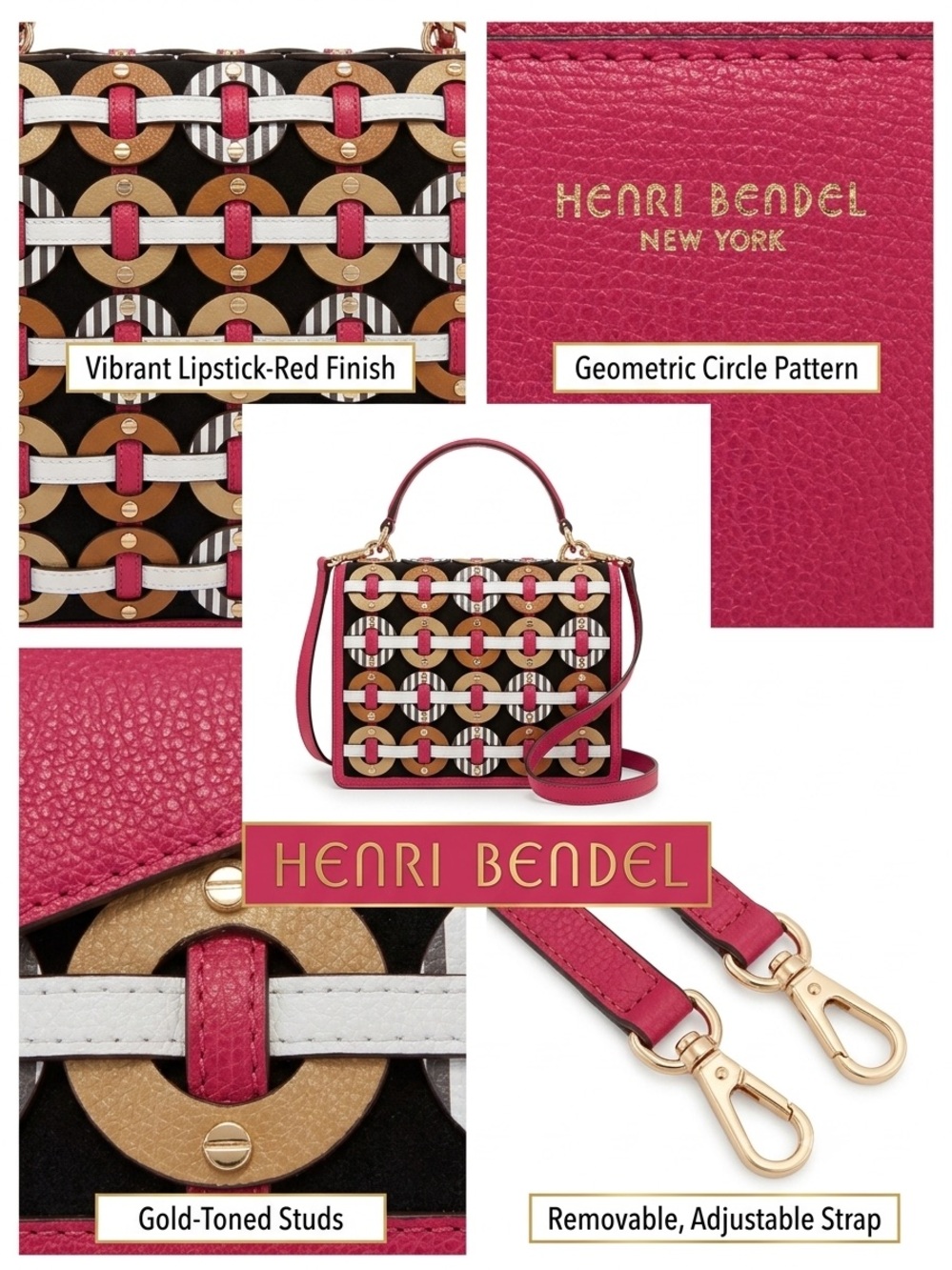 Henri Bendel Lipstick-Red Geometric Circle Satchel w/Gold Hardware